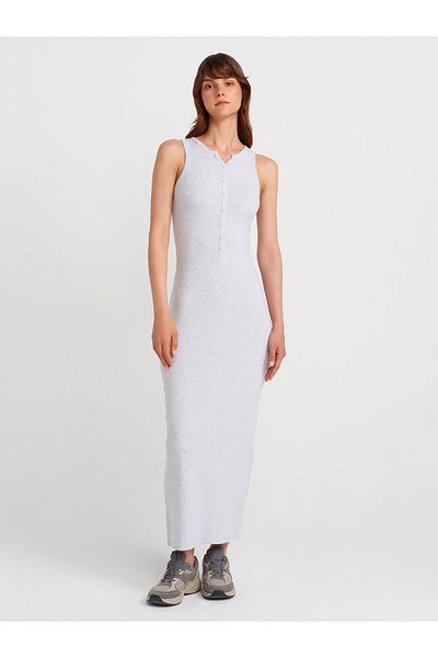 Dilvin 91467 Φόρεμα με λεπτομέρεια με κουμπιά Maxi Size-Grey Melange