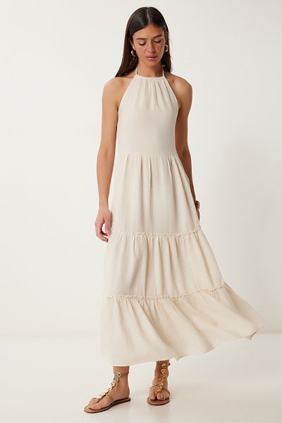 Lovelyİstanbul Rochie de vară lungă din in CREAM LDP0051