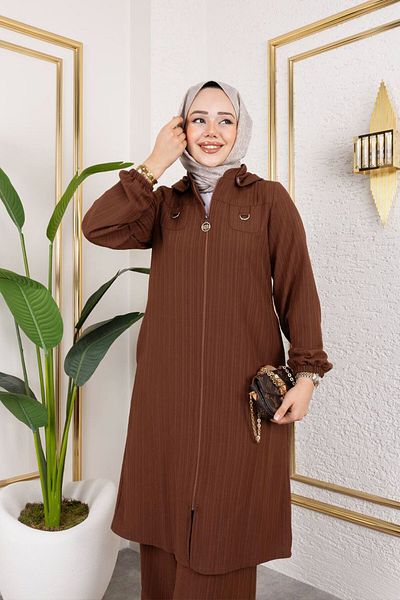 Tesettür Dünyası Pocket Detailed Zippered Suit Tsd250168 Brown
