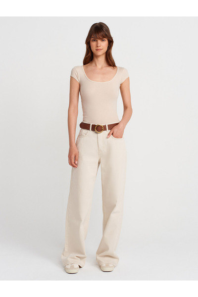 Dilvin 31807 Μπλουζάκι με λαιμόκοψη-Μπεζ