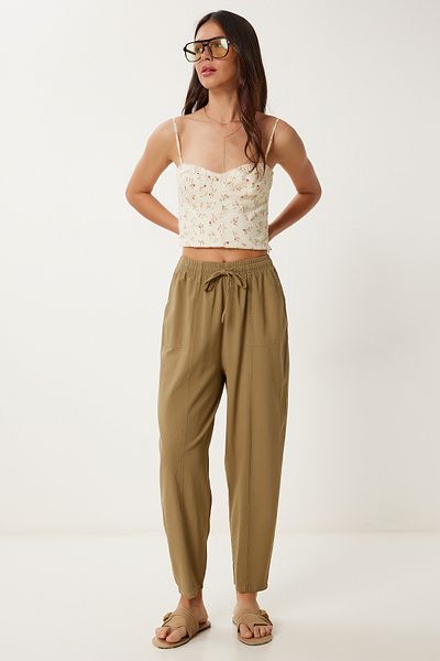 Lovelyİstanbul Striped Comfortable Linen Baggy Trousers Light Khaki Lmx0080