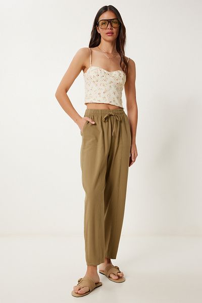 Lovelyİstanbul Striped Comfortable Linen Baggy Trousers Light Khaki Lmx0080