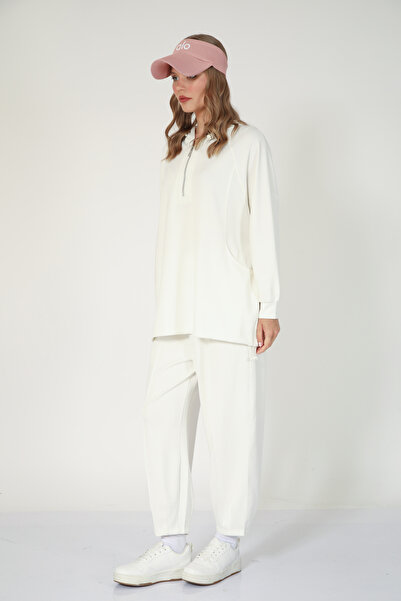 Suede Style 5625 - Κομψό άνετο γυναικείο σετ με με κουκούλα παντελόνια με φερμουάρ