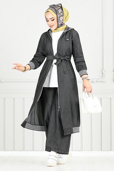 ModaMerve Hooded Denim Suit 351Mss941-M Black