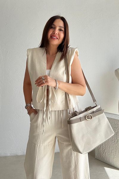 ELVAN TOLON Beige Lace-Up Vest Pants Set