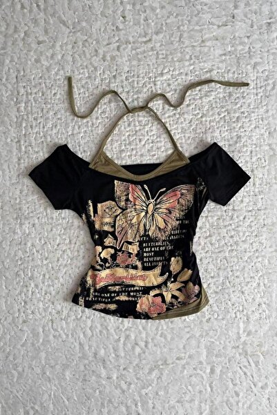 BALİNA Siyah Butterfly Madonna Yaka Ek Askılı Kısa Kollu Full Body Crop -BLN
