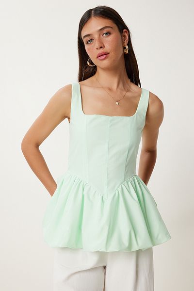Lovelyİstanbul Μπλούζα Poplin με Ζαρτιέρες Μπαλόνι Φούστα WATER GREEN LPX0002