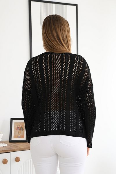 ALCHON Wide Crew Neck Loose Cut Comfortable Fit Long Sleeve Hollowed Openwork Summer Stylish Knitwear Sweater Blouse