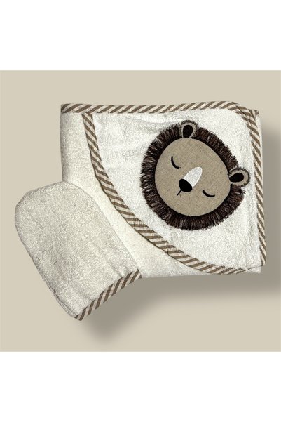 HEPSİ BEBEK 100% Organic Cotton Hooded Bath Towel & Hand Towel – Lion Embroidered
