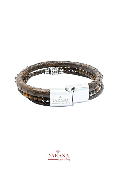 DAKANA JEWELLERY Sertifikalı Kaplan Gözü Doğal Taş Kahverengi Piton Derisi Erkek Bileklik