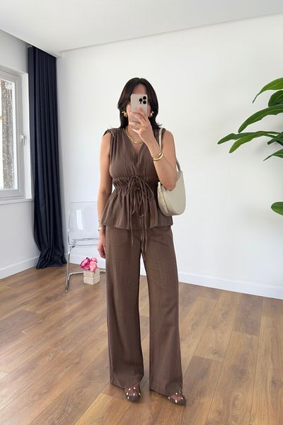 BİRCANÇİL Gisa Brown Rubber Detailed Blouse Trousers Set