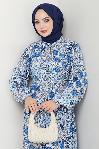 InStyle Açelya Çiçeği Mavi Viskon Elbise