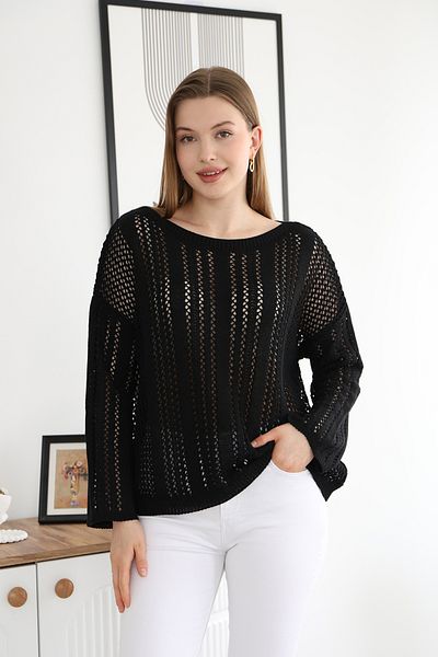 ALCHON Wide Crew Neck Loose Cut Comfortable Fit Long Sleeve Hollowed Openwork Summer Stylish Knitwear Sweater Blouse