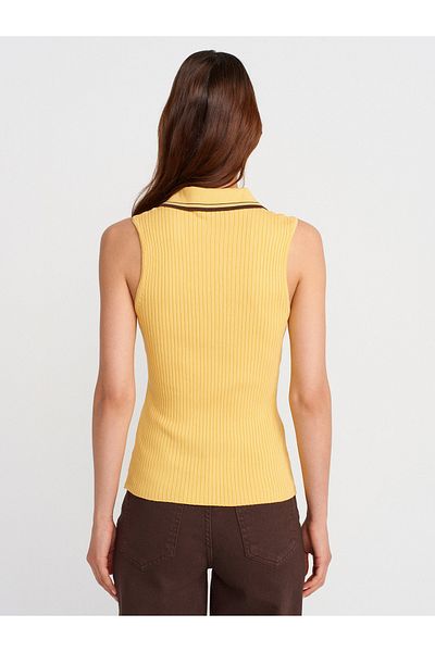 Dilvin 10773 V Polo Neck Ribbed Contrast Knitwear Blouse-Yellow-Brown