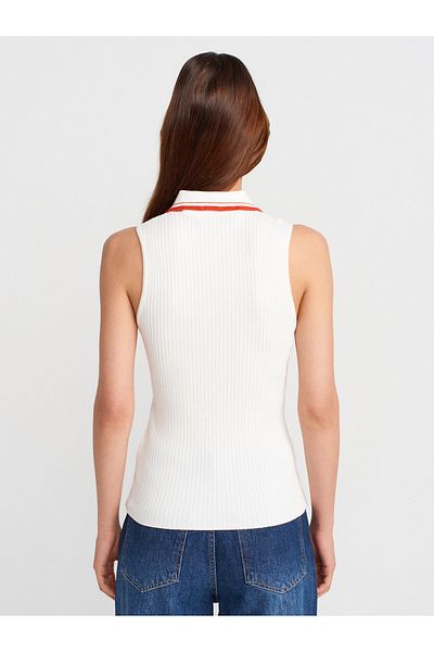 Dilvin 10773 V Polo Neck Ribbed Contrast Knitwear Blouse-B.-Red