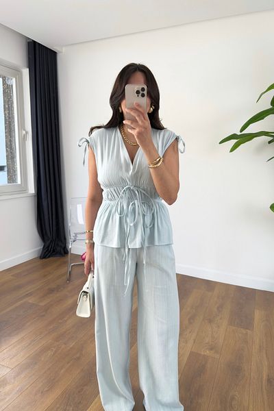 BİRCANÇİL Gisa Blue Rubber Detailed Blouse Trousers Set