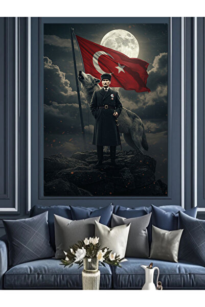 Tablo Mega Mustafa Kemal Atatürk Ve Kurt Dekoratif Kanvas - Mdf Ahşap Tablo