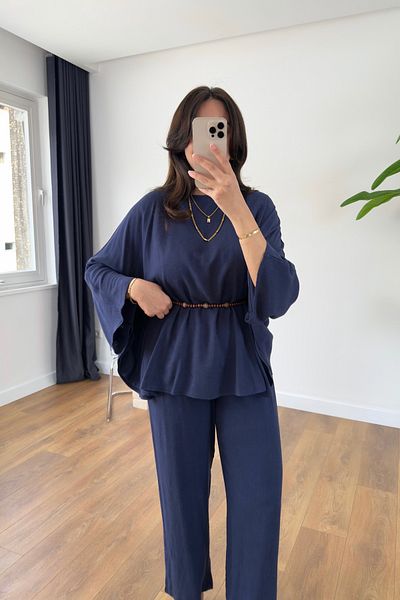 BİRCANÇİL Vera Navy Blue Back Bias Drawstring Cape Linen Set