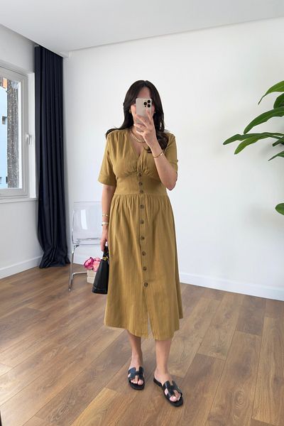 BİRCANÇİL Sofia Mustard V-Neck Button Detail Dress