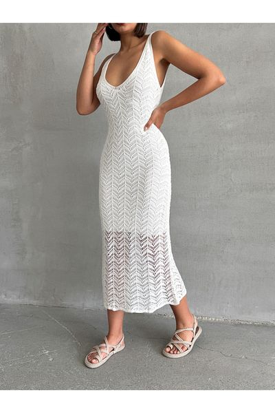 BEJNA Ecru Trägerkleid mit durchbrochenem Sommerstrick für Frauen