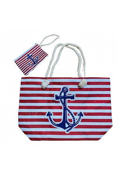 CRACOS Beach bag and wallet set, stripes and anchor, metal zipper, red and white, 55x37x15 cm
