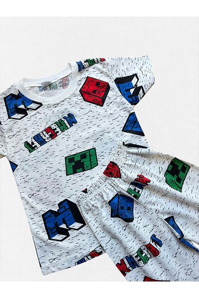 Fil Kids Set de pijamale de vară pentru băieți, din țesătură de bumbac, alb, cu modele de joc, cu mâneci scurte