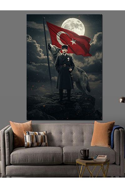 Tablomega Mustafa Kemal Atatürk and Kurt Decorative Canvas - Mdf Wooden Painting