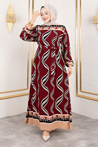 Tesettür Dünyası Μακρύ μονόχρωμο φόρεμα από βισκόζη με σχέδιο τριαντάφυλλου TSD250178 Βουργουνδίας