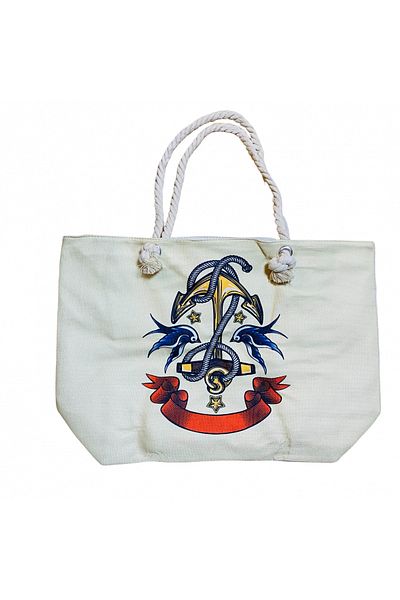 CRACOS Beach bag and wallet set, bird and anchor print, metal zipper, 55 x 37 x 15 cm
