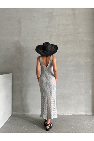 BEJNA Women's Gray Strappy Openwork Summer Knitwear Dress