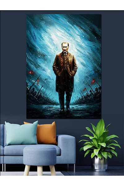 Tablomega Mustafa Kemal Atatürk Decorative Canvas in Blue Light - Mdf Wooden Painting