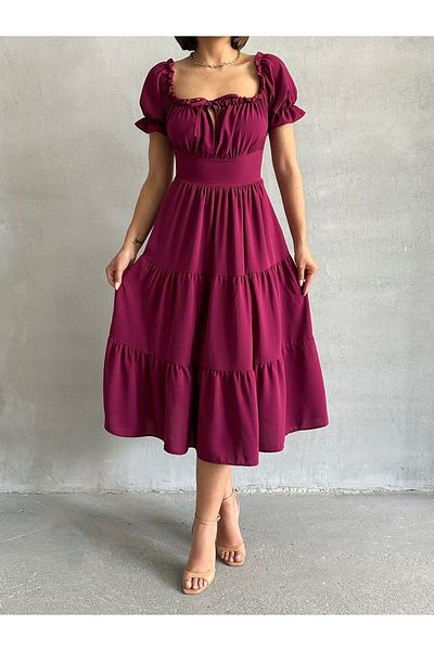BEJNA Women's Plum Collar Gathered Stretch Dress