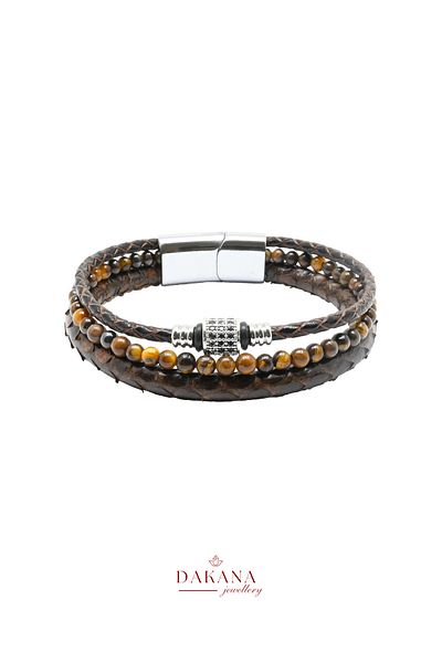 DAKANA JEWELLERY Certified Tiger Eye Natural Stone Brown Python Skin Men's Bracelet