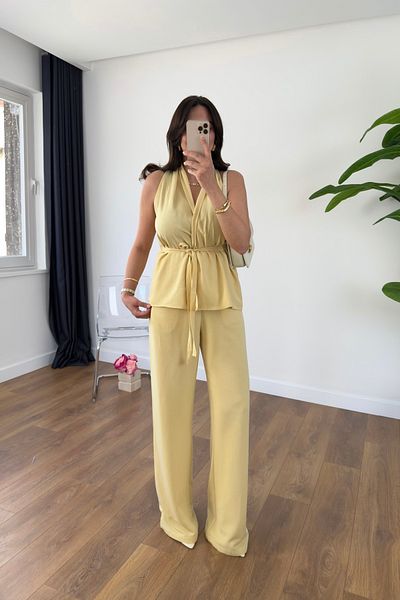 BİRCANÇİL Wilda Yellow Belt Detailed Blouse Trousers Set