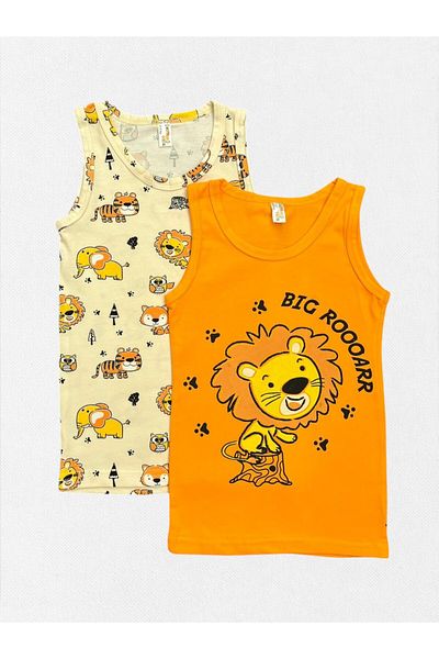 elmas kids Boy's 100% Cotton Orange Cream Color Lion Elephant Owl Patterned 2-Piece Undershirt Set