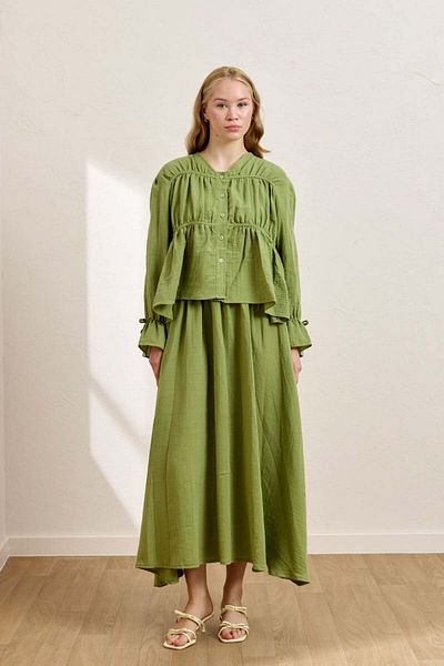 Ceylan Otantik Pistachio Green Muslin Piping Blouse & Balloon Skirt Set