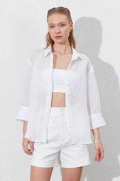 TENA Women's Ecru Low Sleeve Striped Basic Shirt
