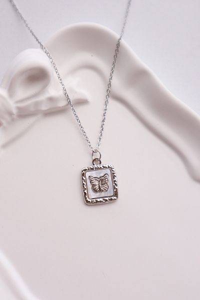 EFBUTİK Silver Color Chain Square White Butterfly Imported Necklace