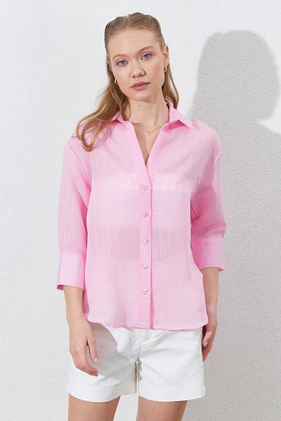 TENA Women's Pink Low Sleeve Striped Basic Shirt