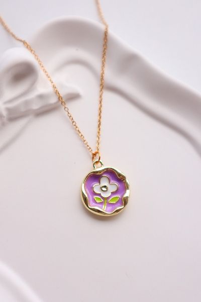 EFBUTİK Purple Enameled Magnolia Flower Imported Necklace with Gold Color Chain