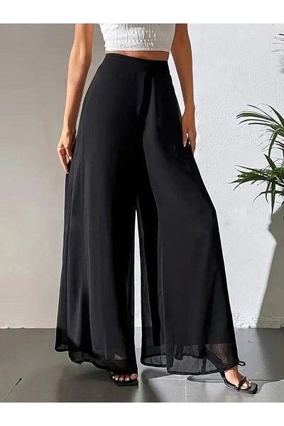 ESSFASIHON Women's High Waist Wide Leg Black Chiffon Pants