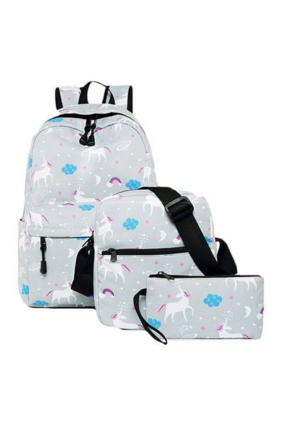 HALAMODO 3-Piece Unicorn Printed Backpack Set Grey/White/Blue