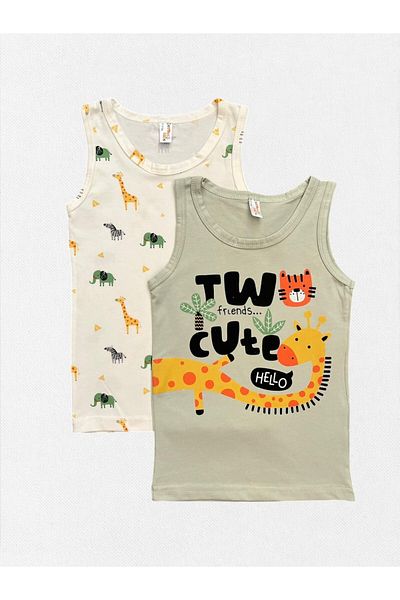 elmas kids Boy's 100% Cotton Ecru Green Color Zebra Elephant Giraffe Pattern 2-Piece Undershirt Set
