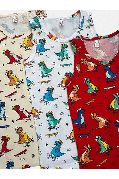 elmas kids Boy's 100% Cotton Red White Beige Color Dinosaur Skateboard Patterned 3-Piece Undershirt