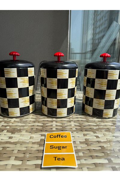 Tercih Home 3-Piece Checkered Decorative Spice Set Premium with Label Gift