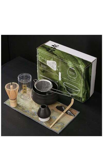 COOYA 7-Piece Tea Set with Ceramic Bowl,Strainer,Traditional Spoon,Bamboo Matcha Whisk and Stand,Black
