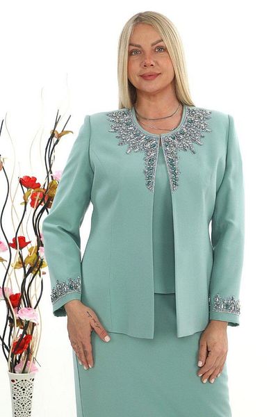 MİSS DİAMOND Elegant Mint Long Skirt Three Piece Suit with Stone Embroidered Collar