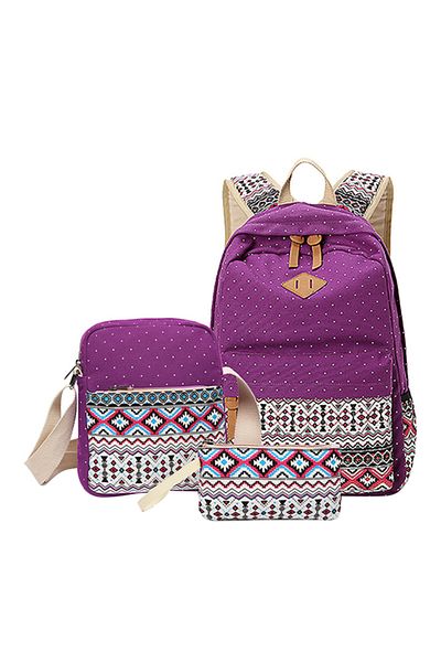 HALAMODO 3-Piece Printed Backpack Set Purple/White/Black