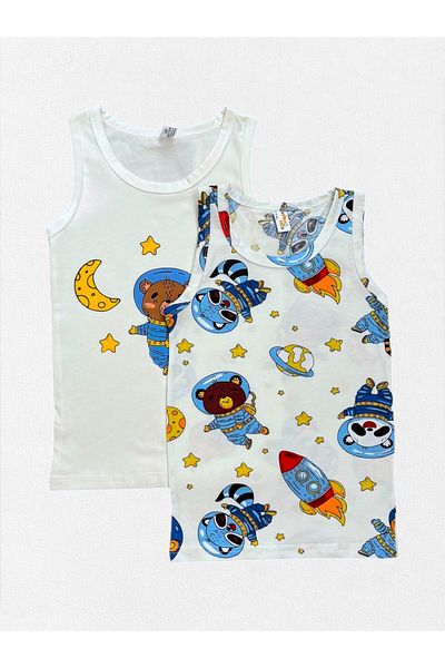 elmas kids Boy's 100% Cotton White Color Astronaut Space Teddy Bear Pattern 2-Piece Undershirt Set