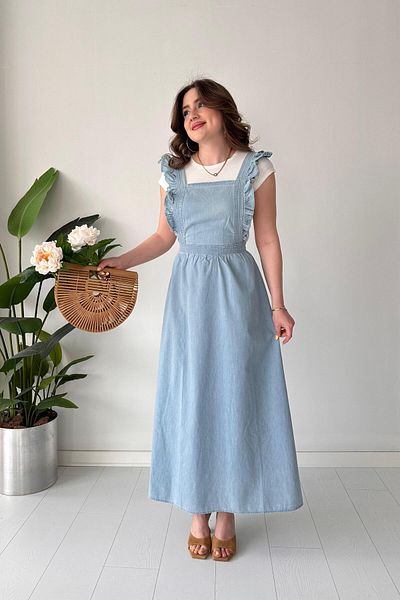 MaziButik Rochie din denim cu volan albastru